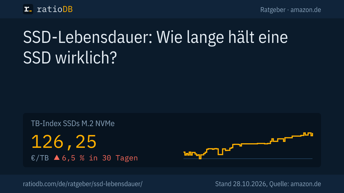 Coverbild SSD-Lebensdauer mit der Kurve des TB-Index für M.2-NVMe-SSDs auf amazon.de